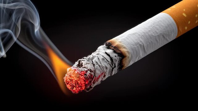 Close-up of burning cigarette with glowing ember and smoke rising against a black background, showcasing the gradual combustion and ash formation in a detailed sequence