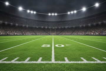 An American football stadium filled with lights and green turf, ready for a nighttime match with a full house of cheering spectators in the stands