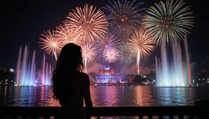 A woman's silhouette enjoying a wonderful occasion while viewing colorful fireworks and illuminated fountains at night
