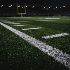 Close-up view of a vibrant green football field with crisp white yard lines, illuminated by bright stadium lights, set for an evening game or practice session