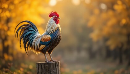 Bright Rooster with Golden Autumn on a Wooden Post Context