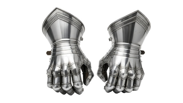 A pair of medieval silver gauntlets with intricate designs on transparent background