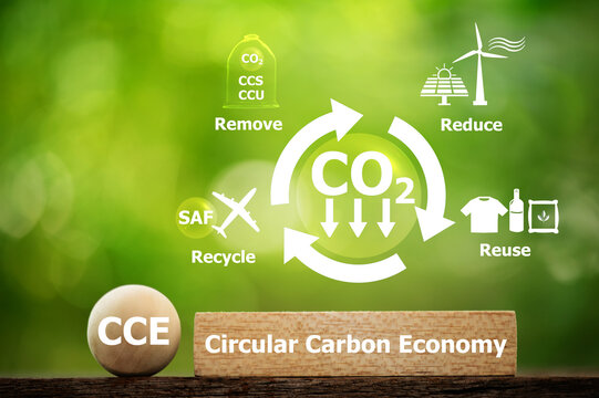 CCE, Circular Carbon Economy text on wood and icons on a natural background.