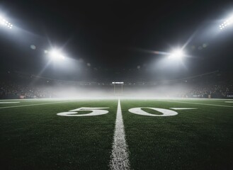 Aerial view of a star-shaped logo on a sports field at night in a large stadium