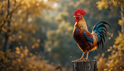 Bright Rooster with Golden Autumn on a Wooden Post Context
