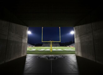 Aerial view of a star-shaped logo on a sports field at night in a large stadium
