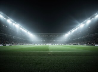 Aerial view of a star-shaped logo on a sports field at night in a large stadium
