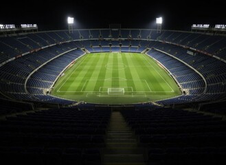 Aerial view of a star-shaped logo on a sports field at night in a large stadium