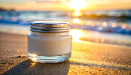 A glass jar of cream sits on a sandy beach at sunset, blurred ocean in background