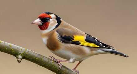 Fototapeta premium Vibrant european goldfinch perched on branch with distinctive red face white markings black wings and yellow accents against blurred beige background