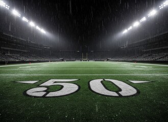 Aerial view of a star-shaped logo on a sports field at night in a large stadium
