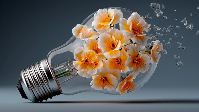 Glass light bulb filled with vibrant orange and white flowers shattering, with petals and fragments scattering in a visually striking display of beauty and fragility