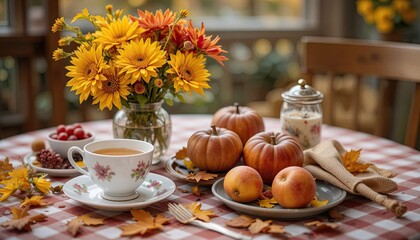 Cozy Autumn Tea on a Checkered Table with Bright Fall Flowers and Fresh Harvest Fruits