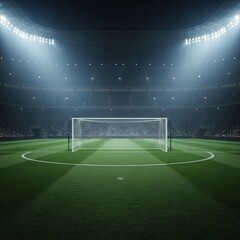 Aerial view of a star-shaped logo on a sports field at night in a large stadium