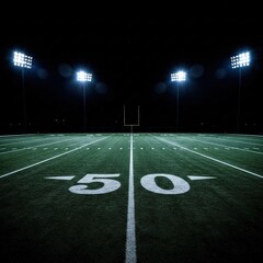 Aerial view of a star-shaped logo on a sports field at night in a large stadium