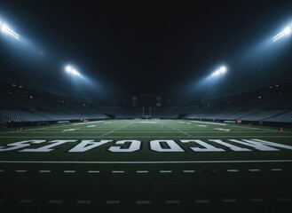 American football stadium at night with bright stadium lights illuminating the field and "WILDCATS" painted on the grass