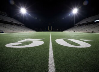 Aerial view of a star-shaped logo on a sports field at night in a large stadium