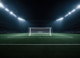 Dramatic night view of an empty professional football stadium under powerful floodlights, highlighting the pristine green pitch and goalposts, ready for a major sporting event or championship