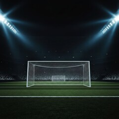 An impressive and empty soccer field at night, featuring a prominent goal post under the glare of stadium lights, setting the stage for an evening championship game
