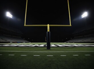 American football stadium at night with goalposts visible on the field under bright lights, ready for a game