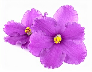 Obraz premium Studio macro photography of vibrant purple flowers isolated on white background, delicate petals, soft natural lighting, high detail, clean composition, botanical elegance.