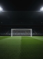 Aerial view of a star-shaped logo on a sports field at night in a large stadium