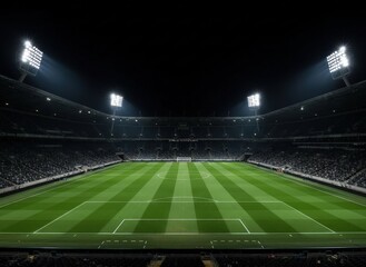 Aerial view of a star-shaped logo on a sports field at night in a large stadium