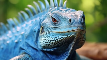 Fototapeta premium Close-up Portrait of a Bright Blue Iguana with Spiny Crest and Intricate Scales
