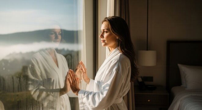 A woman in a white bathrobe gazes out a large window at a misty mountain landscape Her reflection is visible on the glass hands pressed against it