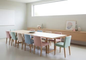 A long wooden table with colorful chairs in a bright room