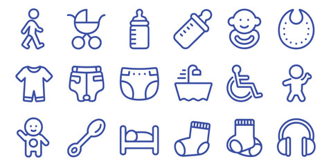 Baby Nursery Icons Set with Stroller, Clothing, and Feeding Essentials
