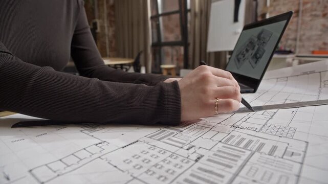 Cropped shot of unrecognizable female architect drafting paper floor plan with pencil and ruler with laptop displaying digital 3d house design exterior at table in modern office environment
