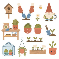Flat Gardening Icon Set with Cute Plants and Tools