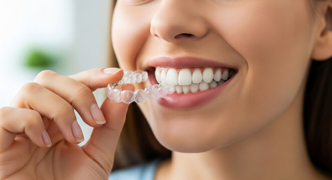 Young woman holding clear aligner close up. Dental health, beautiful smile, dentistry and orthodontics
