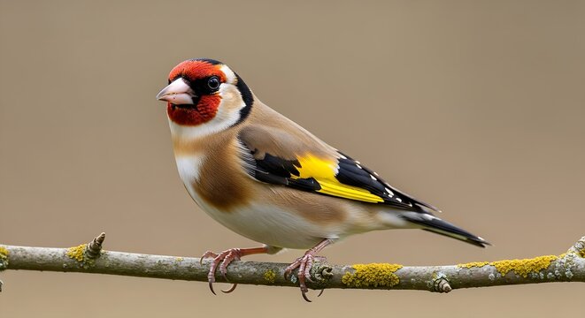 Vibrant european goldfinch perched on mossy branch with bright red face and yellow wings in nature