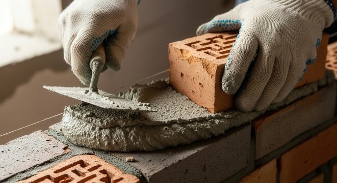 Gloved hands work on a masonry project applying mortar with a trowel to lay building blocks in a precise row guided by a string line