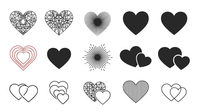 Variety of heart icons in different styles including solid black, line art, mesh patterns, and interlocking shapes for diverse designs.