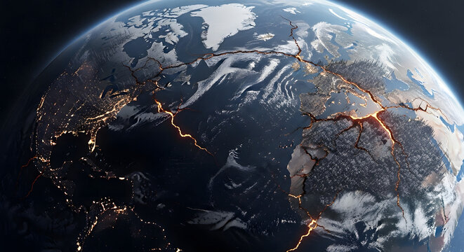 The earth fractured and cracking apart, showing glowing fissures and tectonic plate movement, a powerful visual metaphor for global crisis and impending disaster