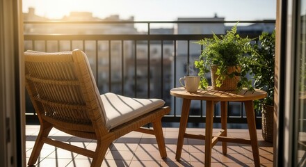 Obraz premium Sunny balcony scene with a wicker chair wooden table steaming mug and potted plants overlooking an urban backdrop