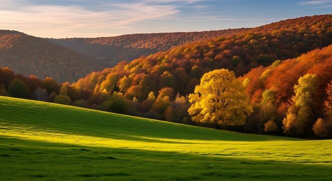 Vibrant autumn landscape with green grassy hill colorful trees and rolling hills under blue sky with wispy clouds
