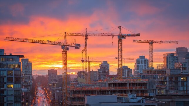 Construction cranes dominate a city skyline at sunset, silhouetted against a fiery orange and red sky. Buildings are being erected