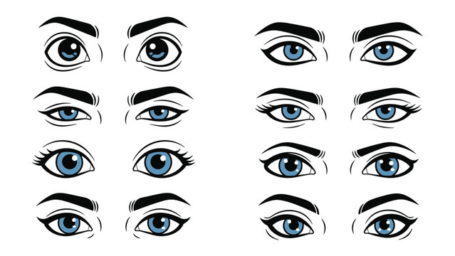 Detailed guide of eight human eye pairs showcasing different shapes, lash lengths, and brow arches for makeup and beauty reference.