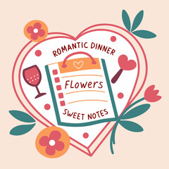 Cute romantic dinner checklist illustration in heart frame