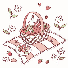 Romantic Picnic Basket with Wine and Flowers