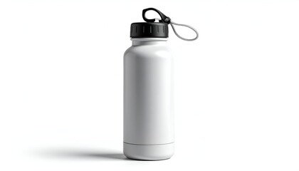 A sleek white water bottle stands upright on a white surface, featuring a black cap & handle