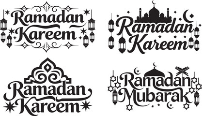 Fototapeta premium Ramadan kareem islamic calligraphy typography vector with lanterns crescent moon and mosque silhouette