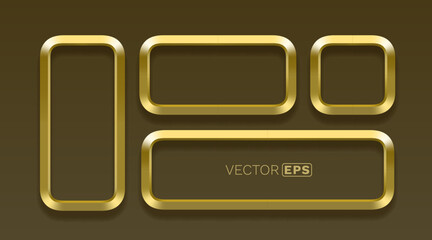 Luxurious set of shiny golden frames and buttons with 3D metallic effect. Ideal for web design elements or elegant borders.