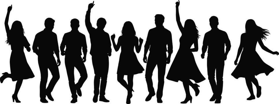 Group of happy dancing people silhouettes celebrating music, freedom, youth energy, party lifestyle, and social togetherness