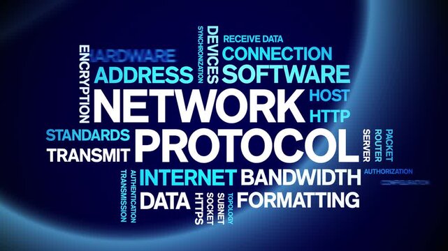 Network Protocol animated word cloud-text design animation tag kinetic typography seamless loop.