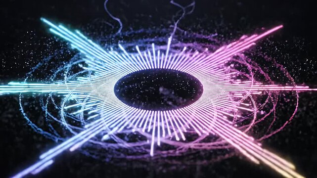 Glowing circular audio wave visualizer loop with neon blue and pink equalizer bars pulsing to the music on a dark background.